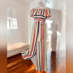 Boho Off Shoulder Striped Jumpsuit Wide Leg Belted Summer Jumpsuit Women SizeS-M